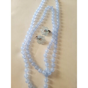 VTG Frosted Acrylic Blue Beads Summer Beach Boho Jewelry Set Earrings & Necklace